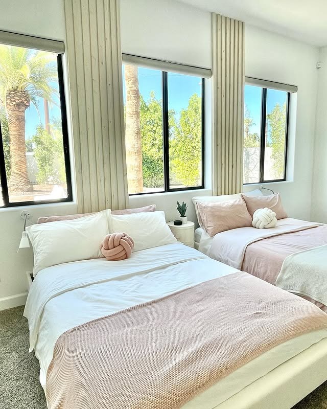 14. Minimal Twin Bedroom in Blush and Bright White - pink and white bedroom ideas