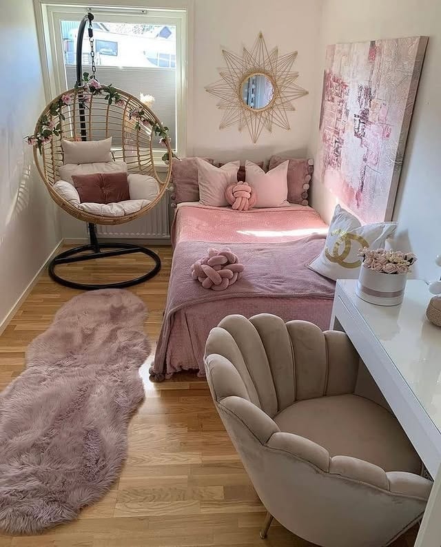 16. Rose-Toned Glam Bedroom with Hanging Chair - pink and white bedroom ideas