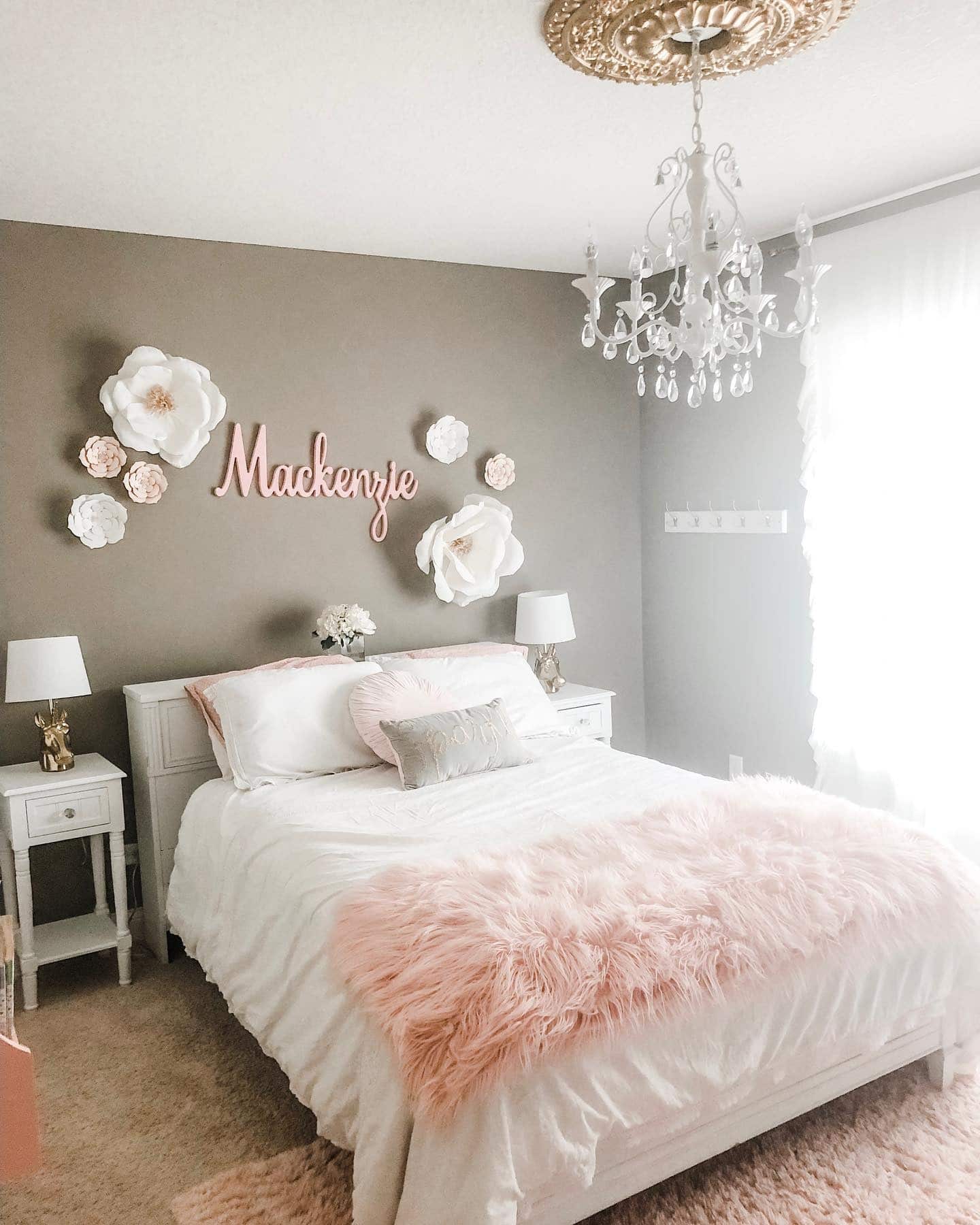 17. Personalized Pink and White Bedroom with Floral Wall Art - pink and white bedroom ideas
