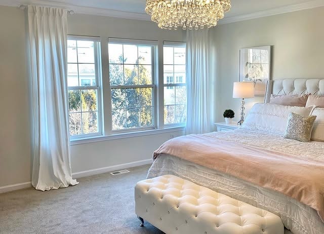 18. Soft Blush and White with Crystal Chandelier - pink and white bedroom ideas