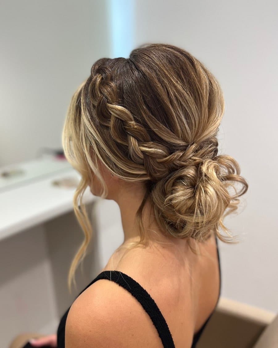 3. Braided Low Bun with Honey Blonde Dimension - Bridesmaid Hairstyles