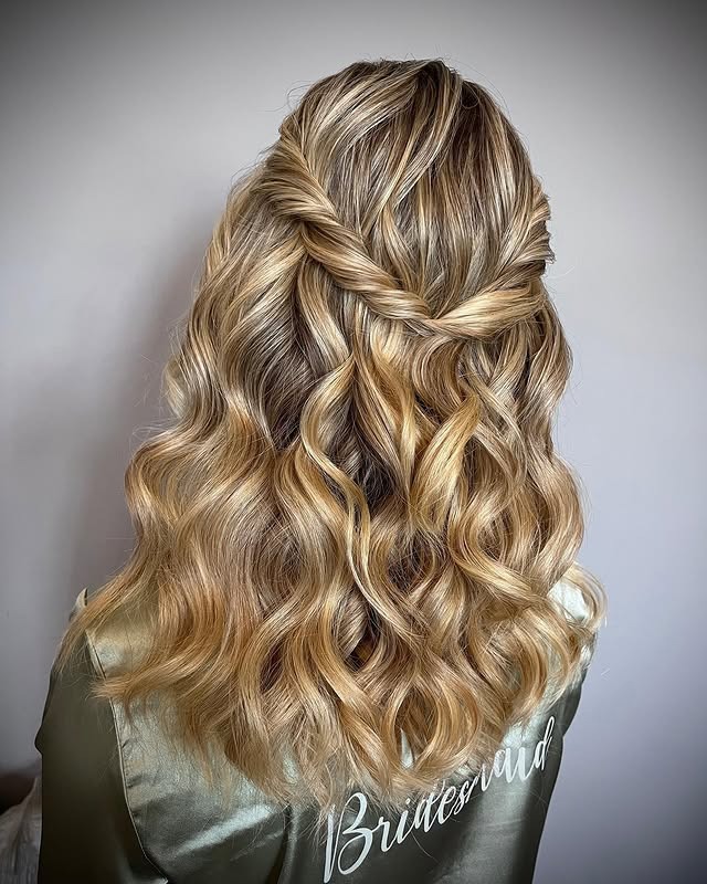 5. Half-Up Twisted Waves with Golden Blonde Balayage - Bridesmaid Hairstyles