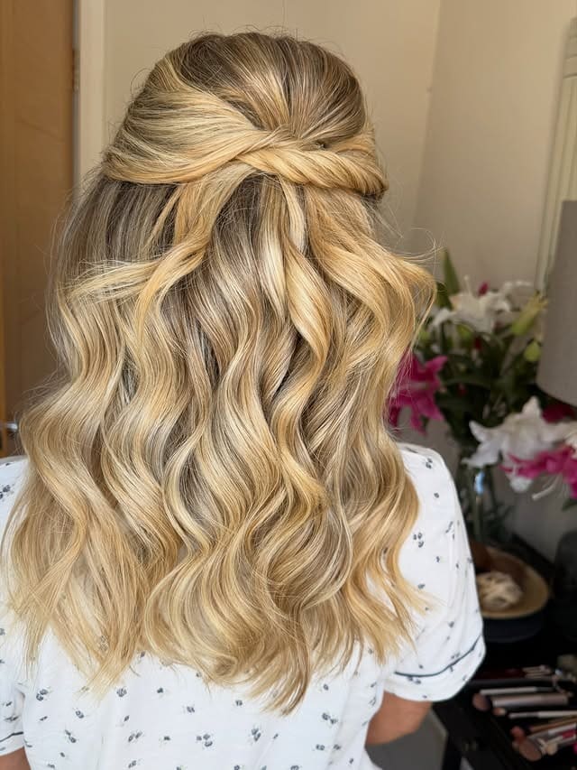 12. Twisted Half-Up Waves with Creamy Blonde Balayage - Bridesmaid Hairstyles