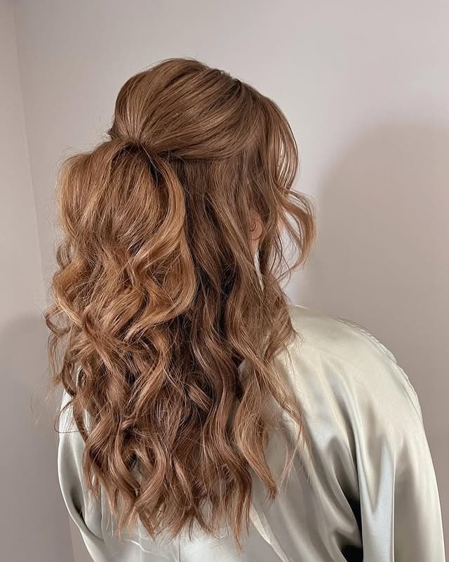 17. High Half-Up Curls with Soft Caramel Brown - Bridesmaid Hairstyles