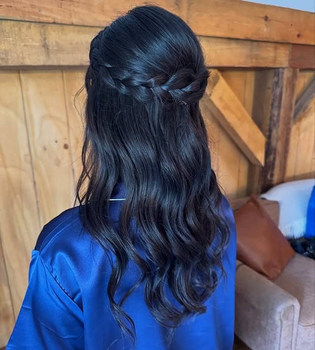 18. Braided Crown Half-Up Style on Deep Midnight Black - Bridesmaid Hairstyles