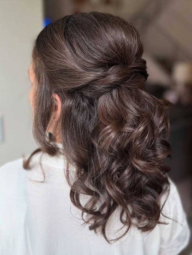 22. Twisted Half-Up Pony with Rich Chocolate Brunette - Bridesmaid Hairstyles