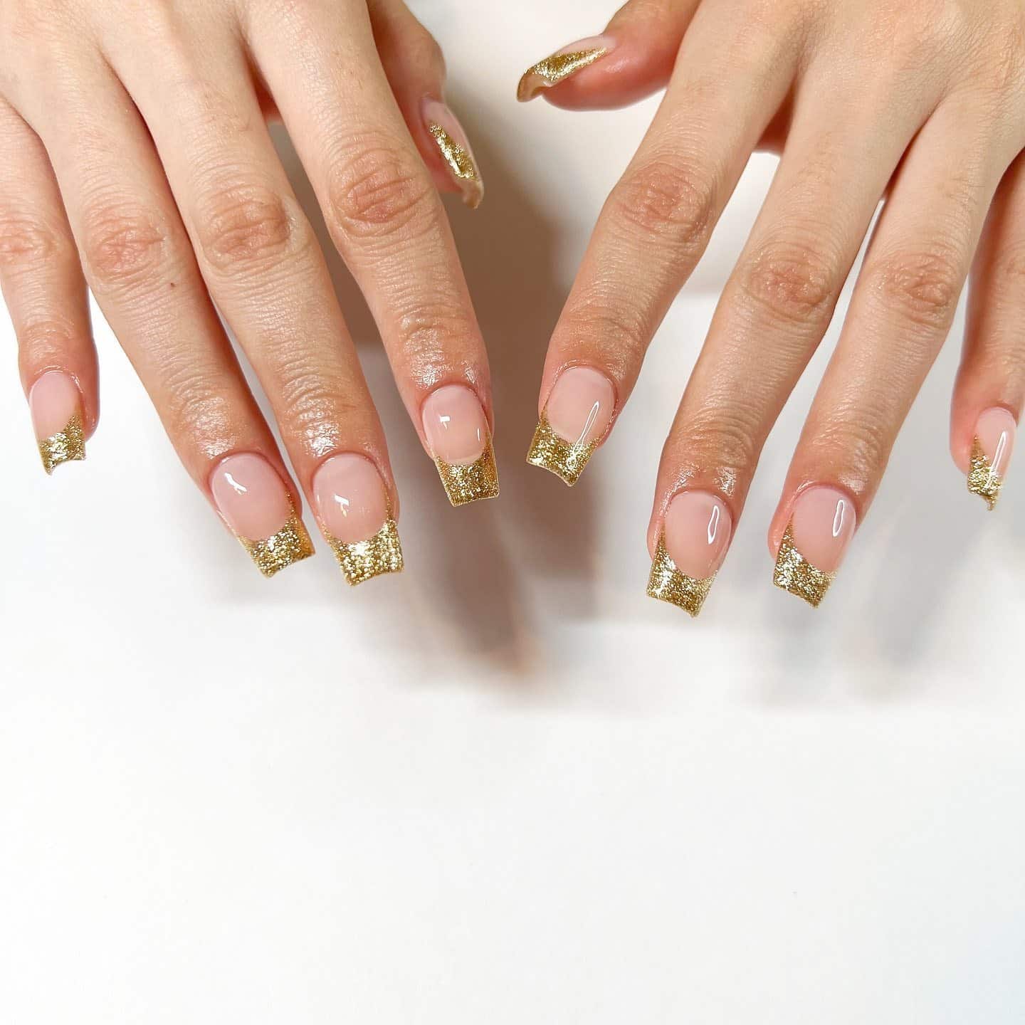 13. Light Ash Brown Layers with Square Gold Glitter French Tips - gold glitter nail ideas