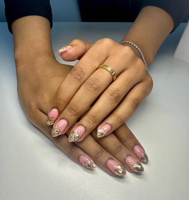 20. Rosy Beige Balayage with Gold Foil Accent Almond Nails - gold glitter nail ideas
