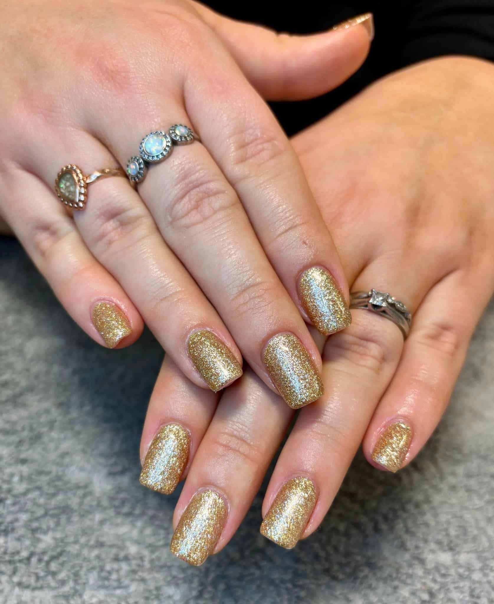 21. Classic Chestnut Brown Blowout with Full Gold Glitter Square Nails - gold glitter nail ideas