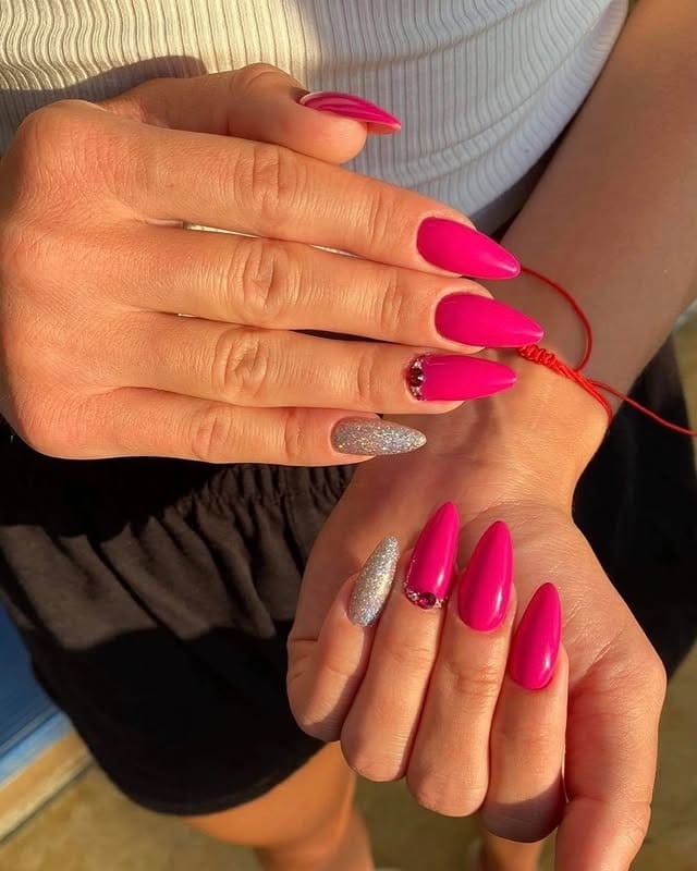 3. Hot Pink Almond Nails with Silver Accent Detail - hot pink almond nail ideas