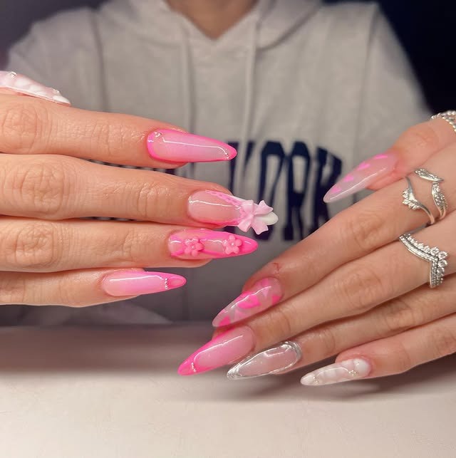 5. Pink Ombre Almond Nails with 3D Floral Art - hot pink almond nail ideas