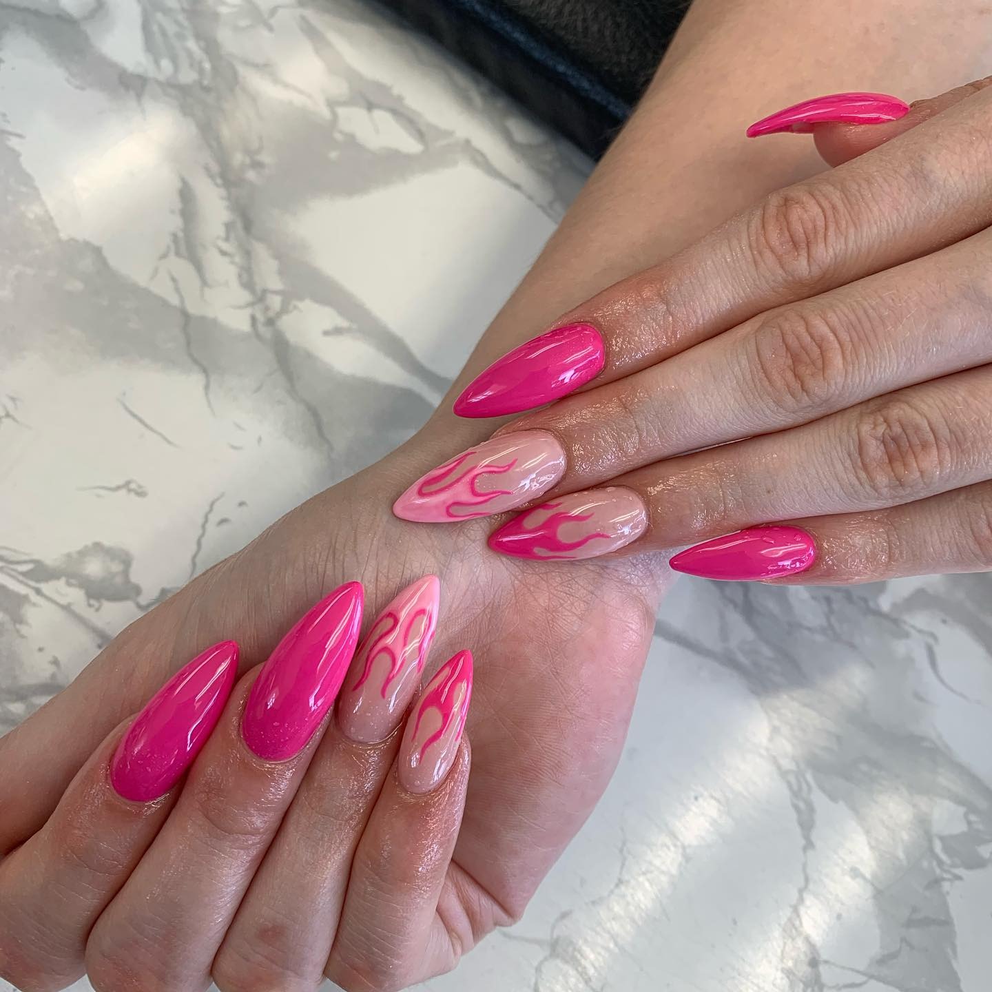 10. Hot Pink Flame Almond Nails - hot pink almond nail ideas