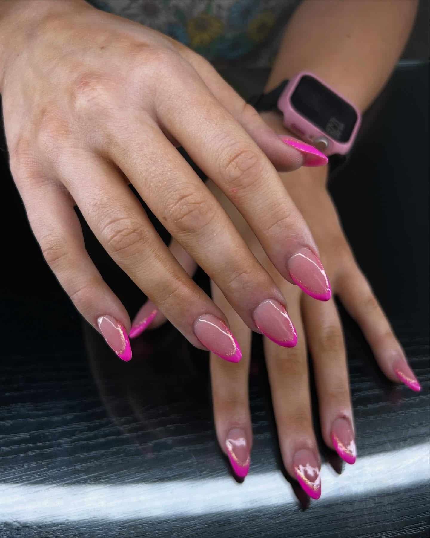 11. Glitter-Outlined Pink French Almond Nails - hot pink almond nail ideas
