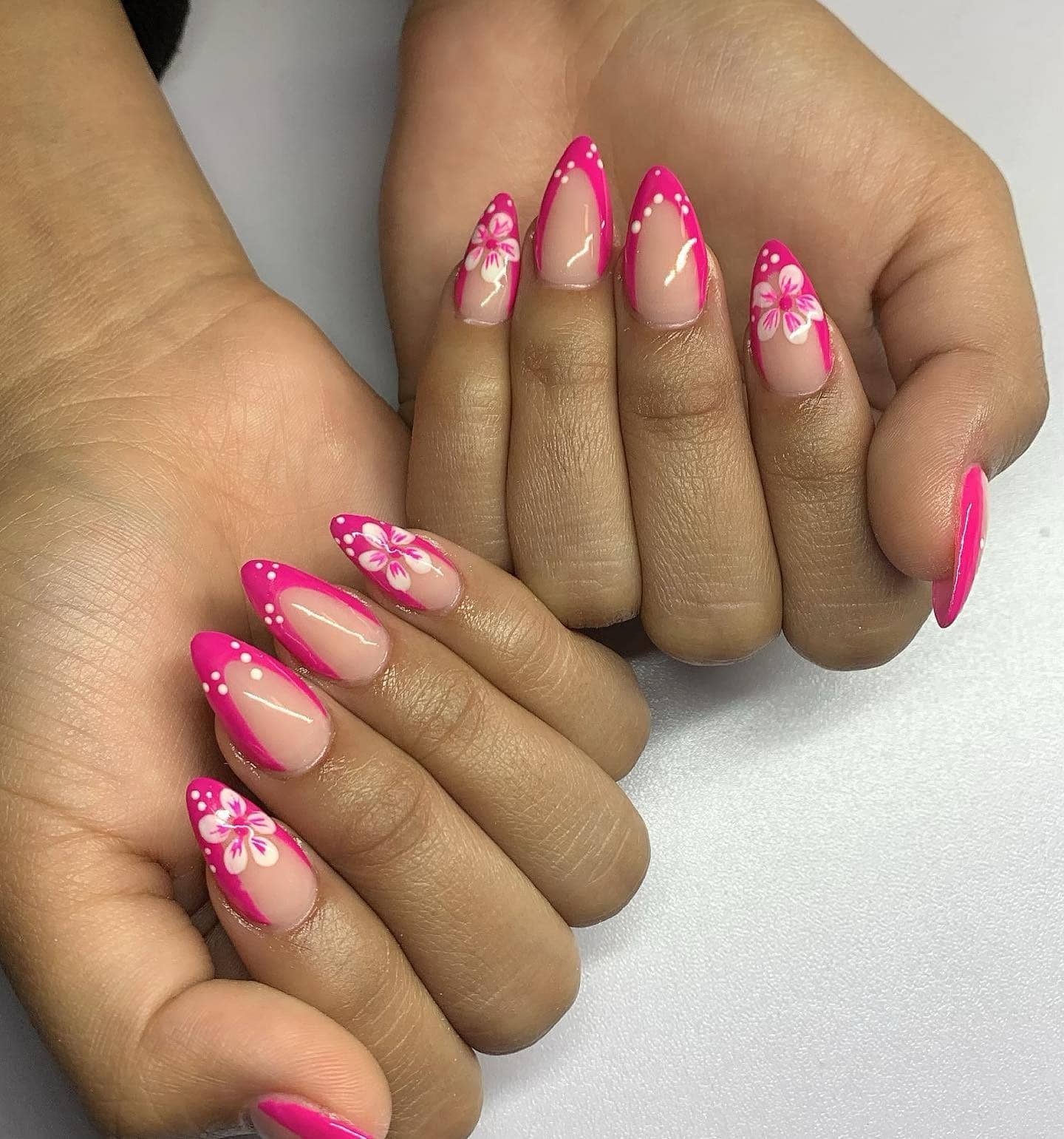 12. Pink Floral French Almond Nails with White Dot Detail - hot pink almond nail ideas