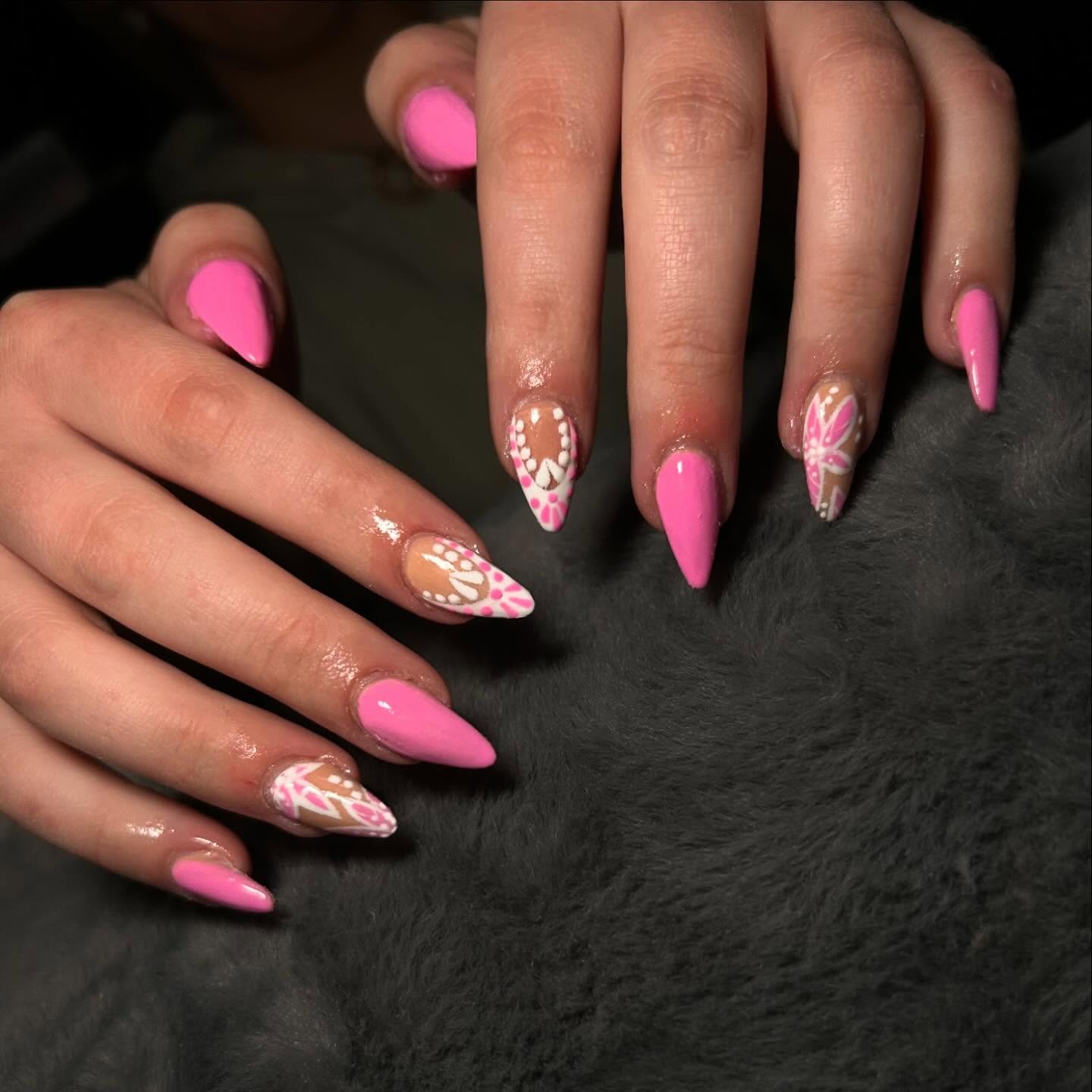 15. Pink and White Lace Art Almond Nails - hot pink almond nail ideas