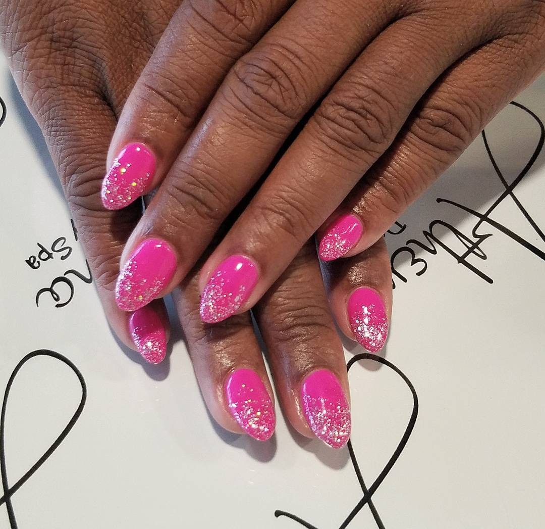 19. Pink Almond Nails with Glitter Fade Tips - hot pink almond nail ideas