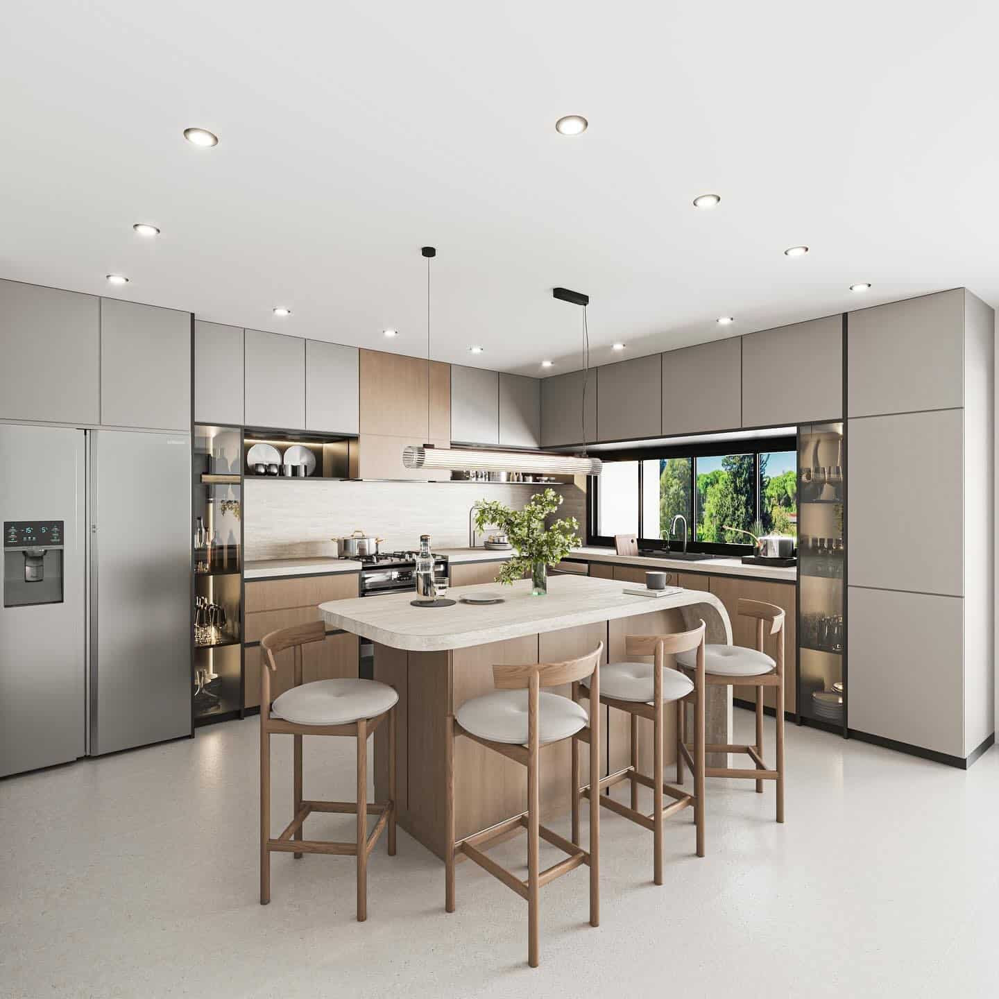 5. Minimalist Beige and Oak Kitchen with Integrated Lighting - beige kitchen ideas