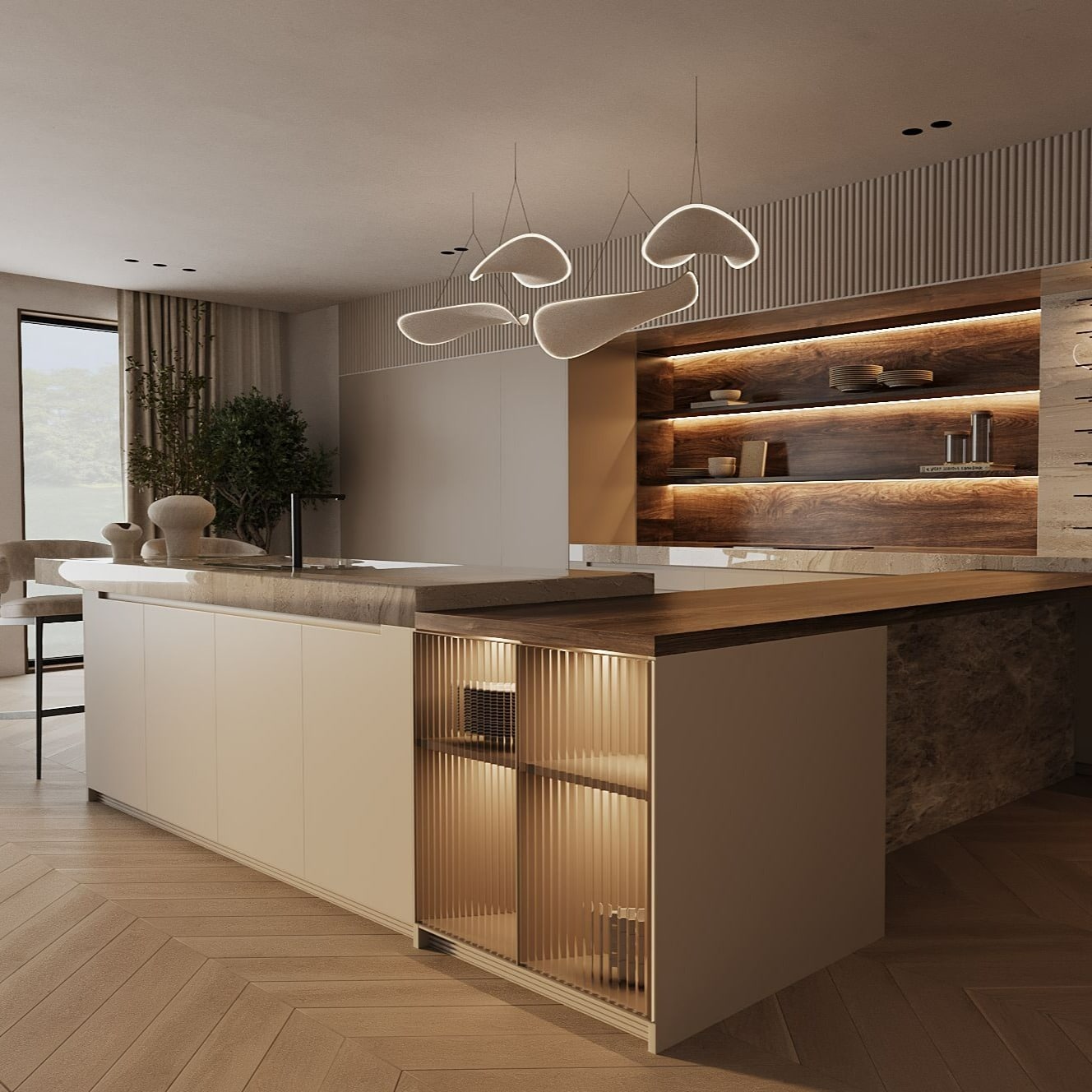 7. Open-Plan Beige Kitchen with Dining Extension and Brass Details - beige kitchen ideas