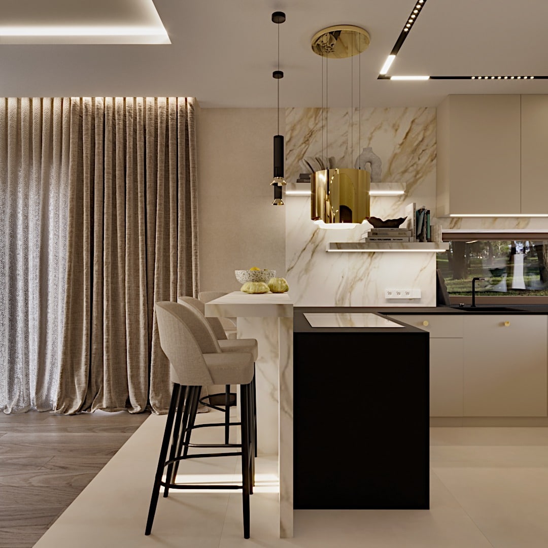 8. Sculptural Beige Kitchen with Layered Wood and Ambient Lighting - beige kitchen ideas