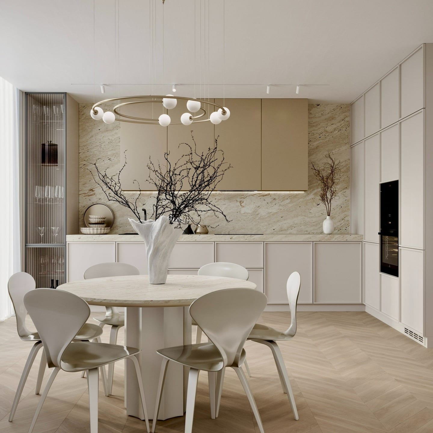 16. Minimal Beige and Cream Kitchen with Statement Ring Chandelier - beige kitchen ideas