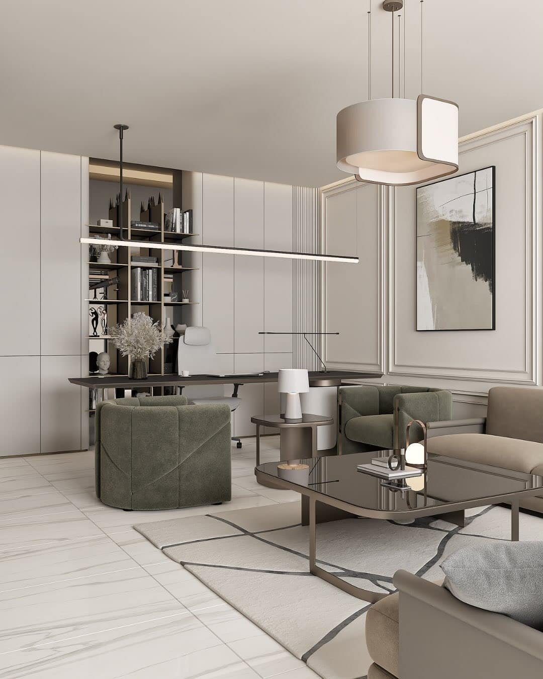 1. Soft Taupe & Olive Executive Lounge Office - earth tones office ideas