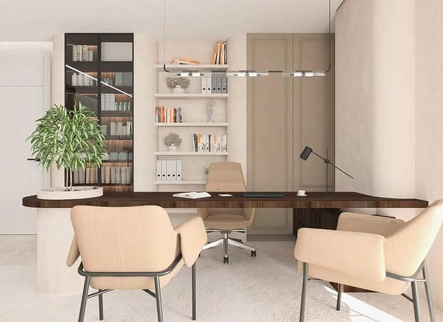 3. Cream & Caramel Minimalist Workspace - earth tones office ideas