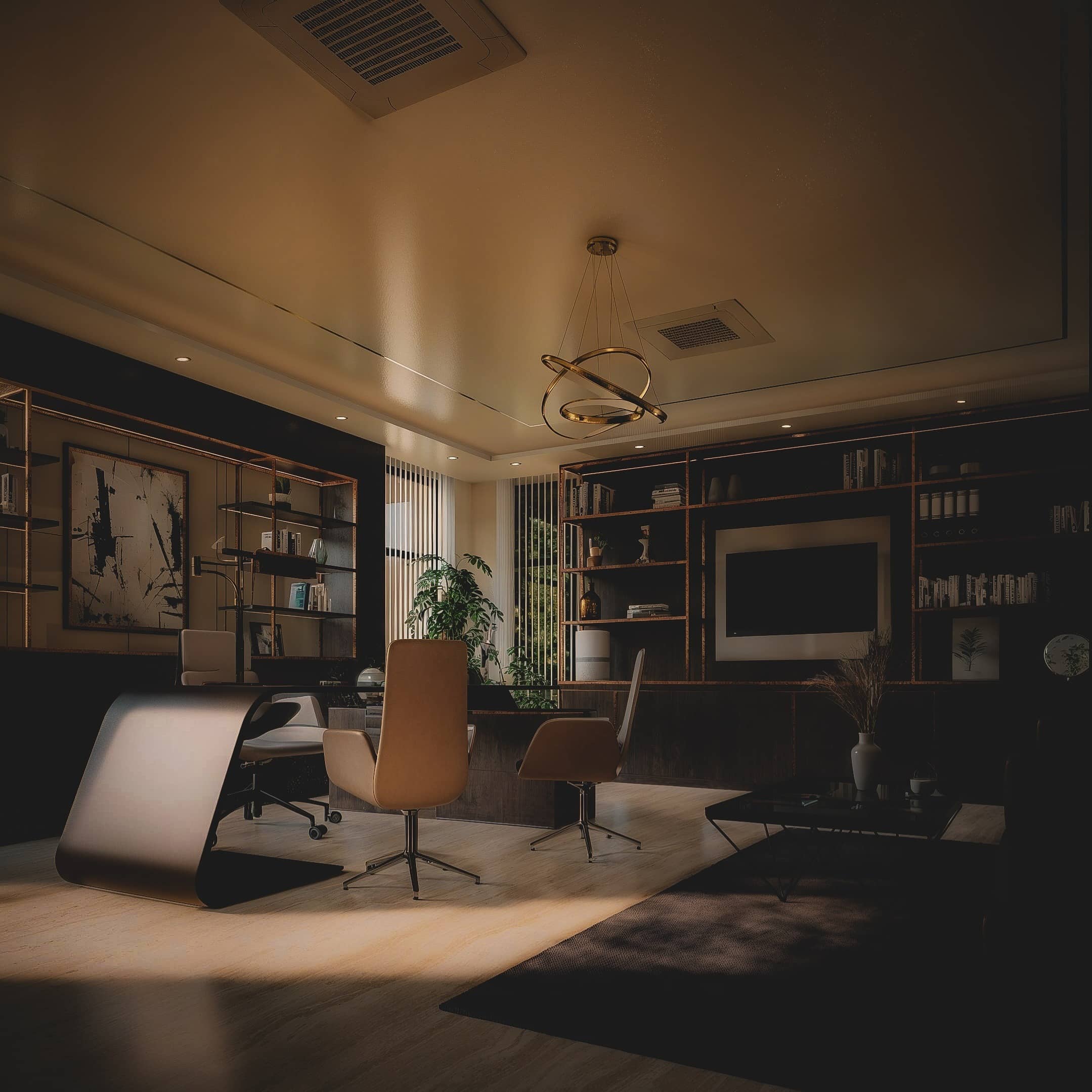 6. Espresso & Amber Contemporary Executive Suite - earth tones office ideas