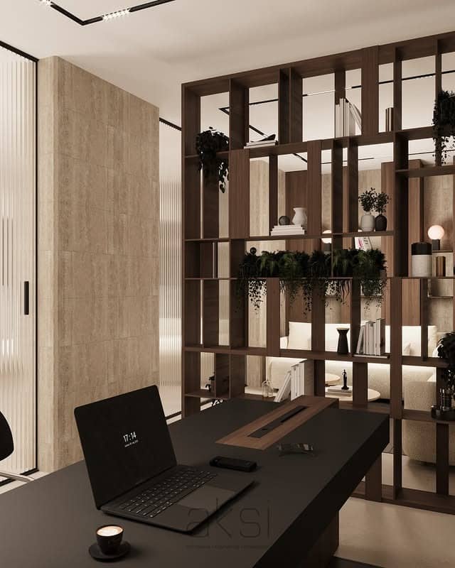 8. Sandstone & Dark Wood Modern Partition Office - earth tones office ideas