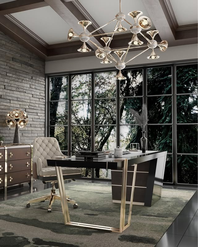 9. Charcoal & Brass Luxe Corner Office - earth tones office ideas