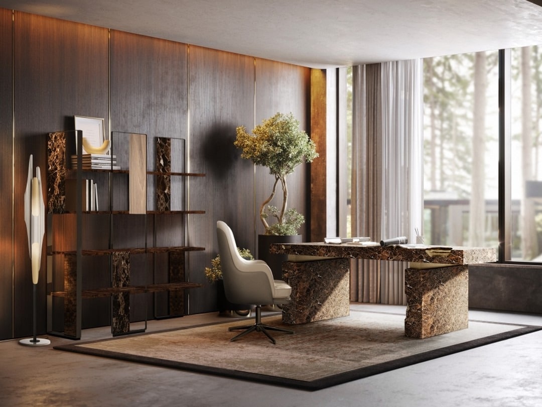 11. Walnut & Espresso Marble Executive Office - earth tones office ideas