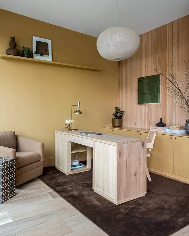 14. Mustard & Light Wood Contemporary Office - earth tones office ideas