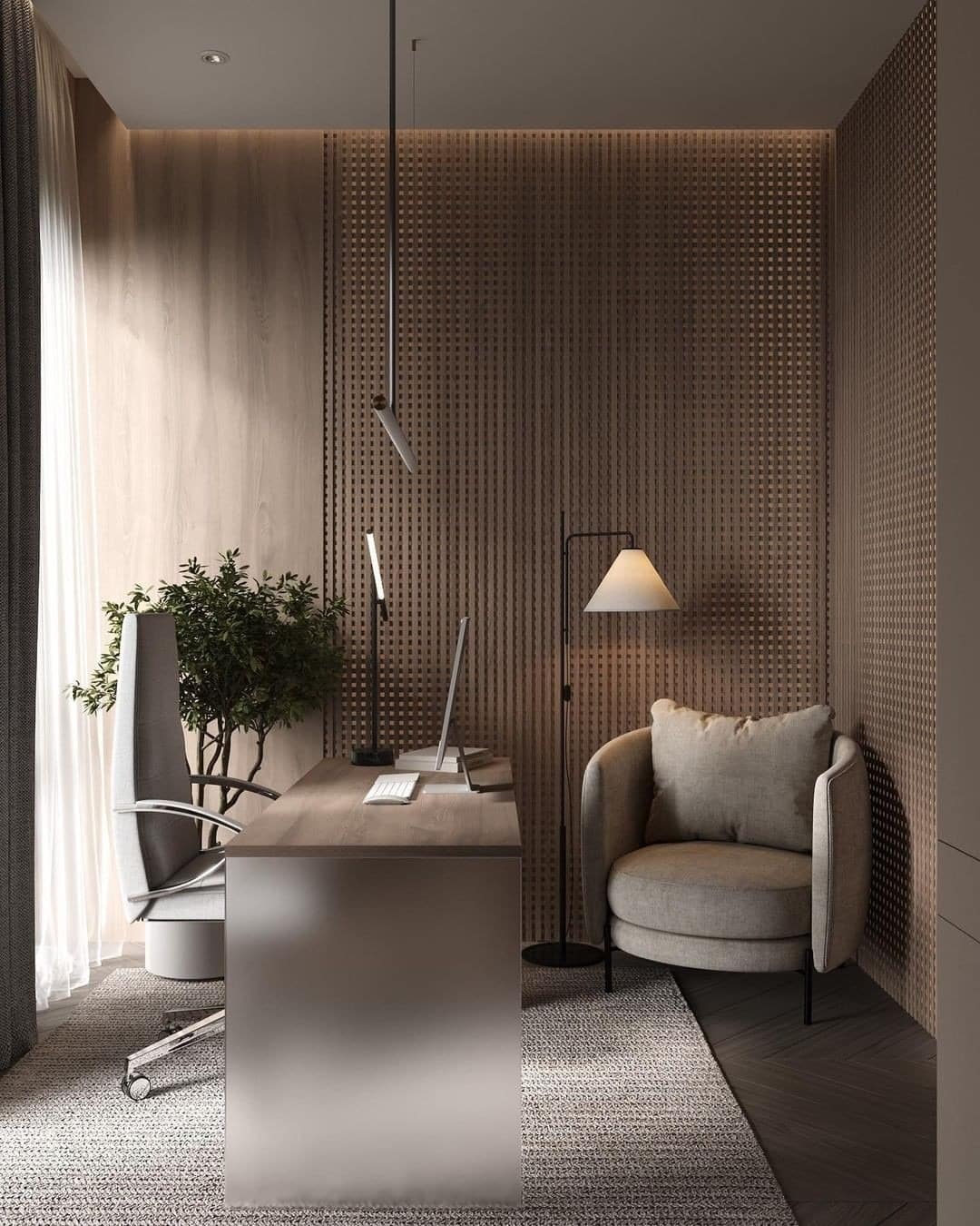 15. Latte & Textured Wood Intimate Workspace - earth tones office ideas