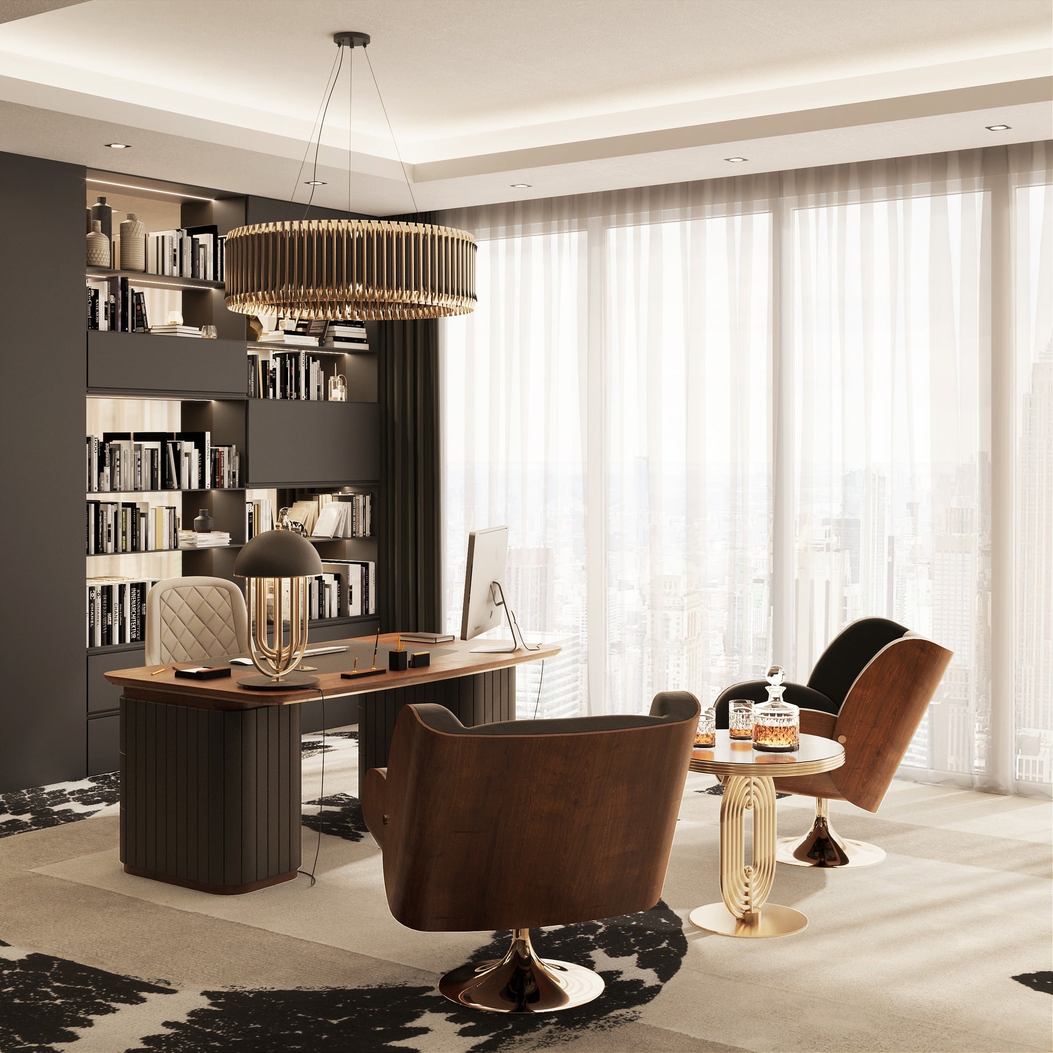 16. Charcoal & Cognac Urban Executive Suite - earth tones office ideas