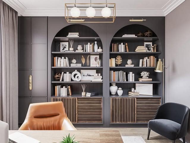 17. Greige & Caramel Built-In Library Office - earth tones office ideas