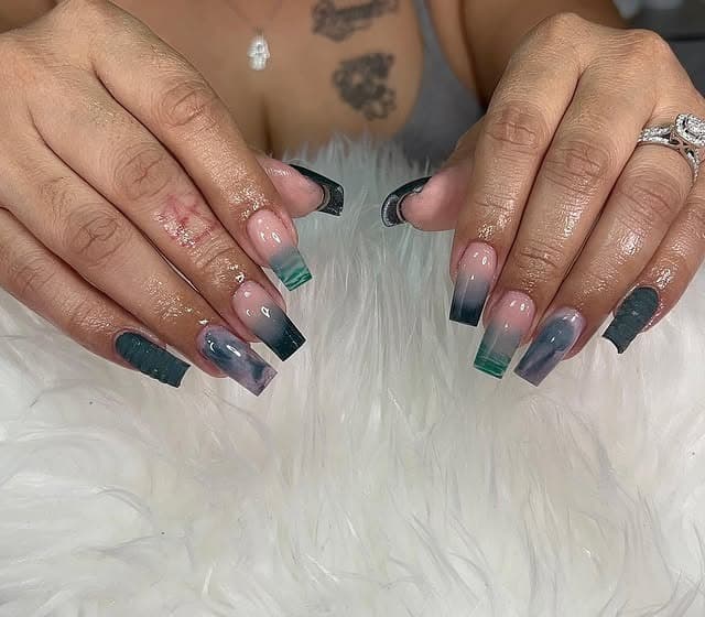 1. Glossy Hunter Green Marble Ombre Coffin Nails - hunter green nail ideas