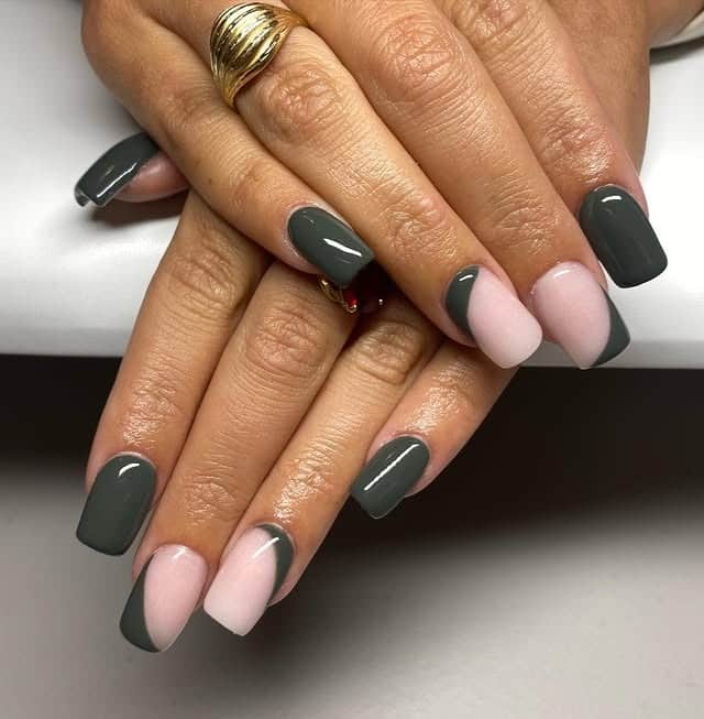 3. Modern Hunter Green Color Block Square Nails - hunter green nail ideas