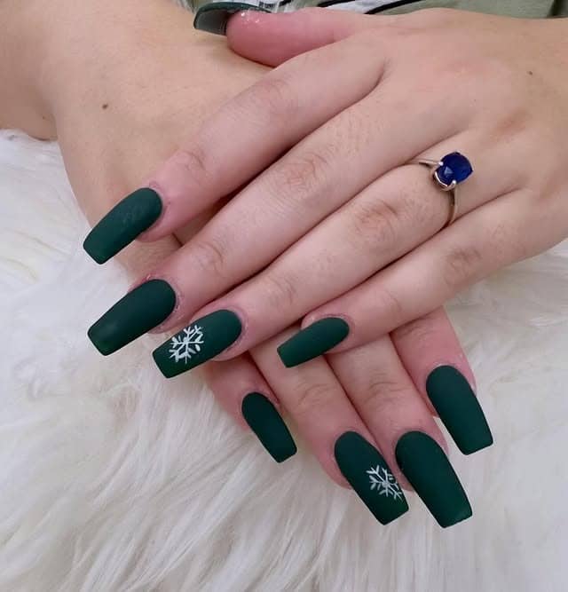6. Matte Hunter Green Coffin Nails with Snowflake Accent - hunter green nail ideas