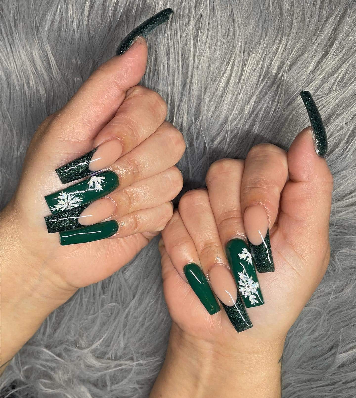 8. Hunter Green and Nude Glitter Snowflake Coffin Nails - hunter green nail ideas