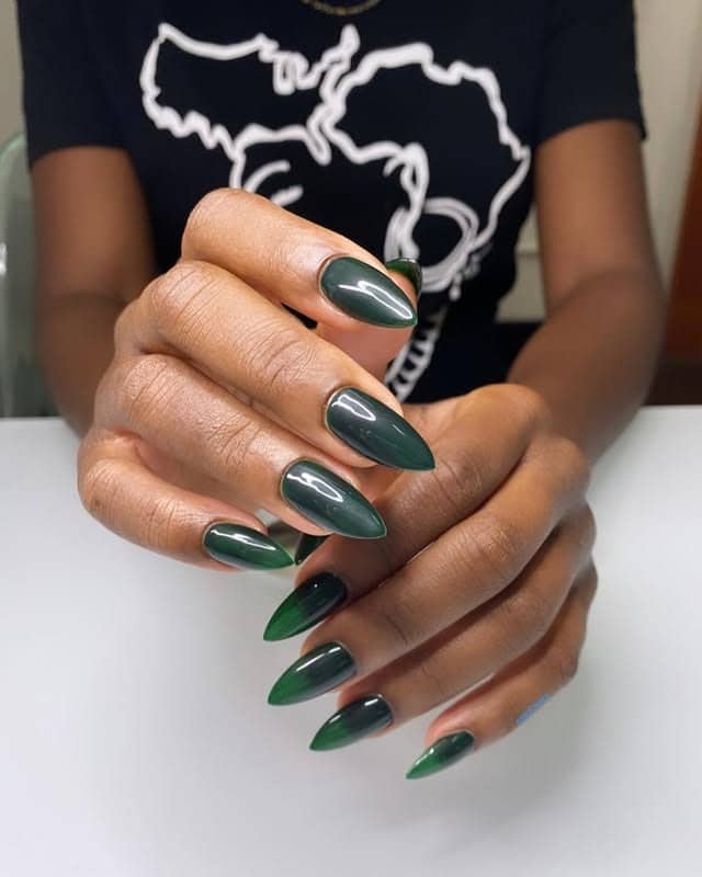 14. Hunter Green Ombre Stiletto Nails - hunter green nail ideas
