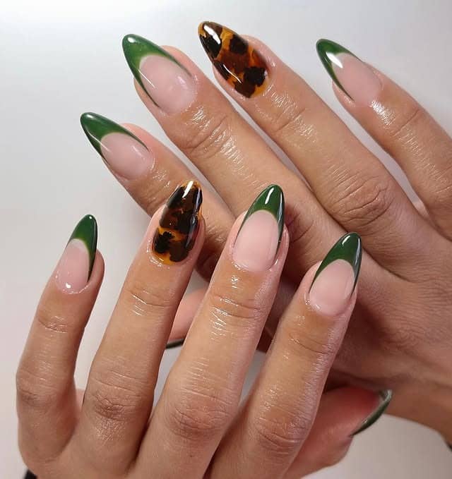 17. Hunter Green French with Tortoiseshell Accent Almond Nails - hunter green nail ideas