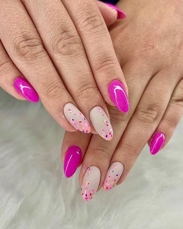 1. Neon Pink & Sprinkle Accent Almond Nails - ice cream nail ideas