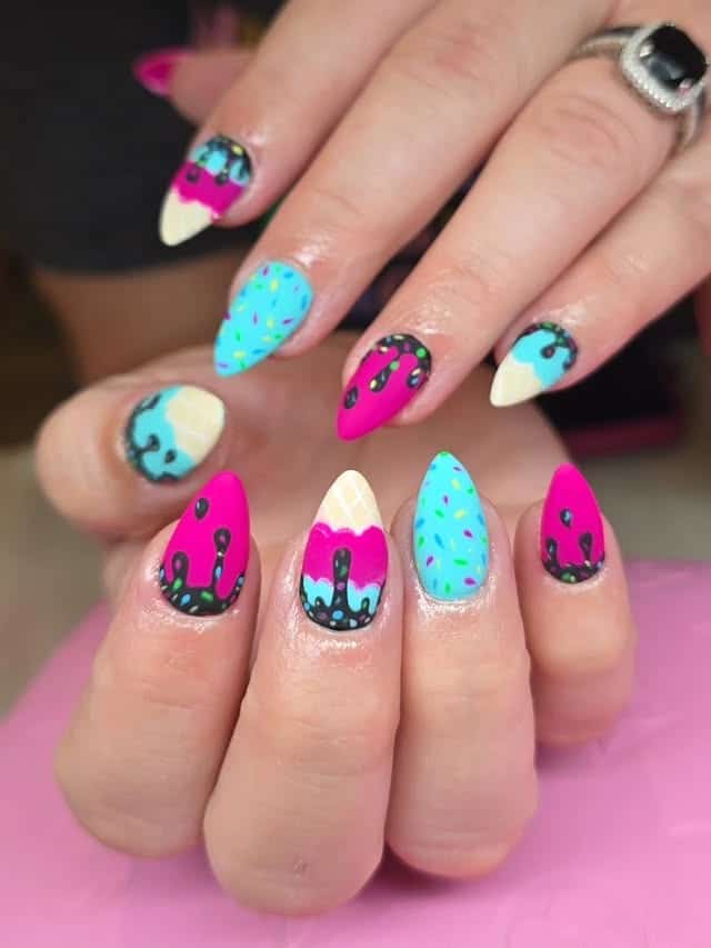2. Dripping Chocolate & Cotton Candy Stiletto Nails - ice cream nail ideas