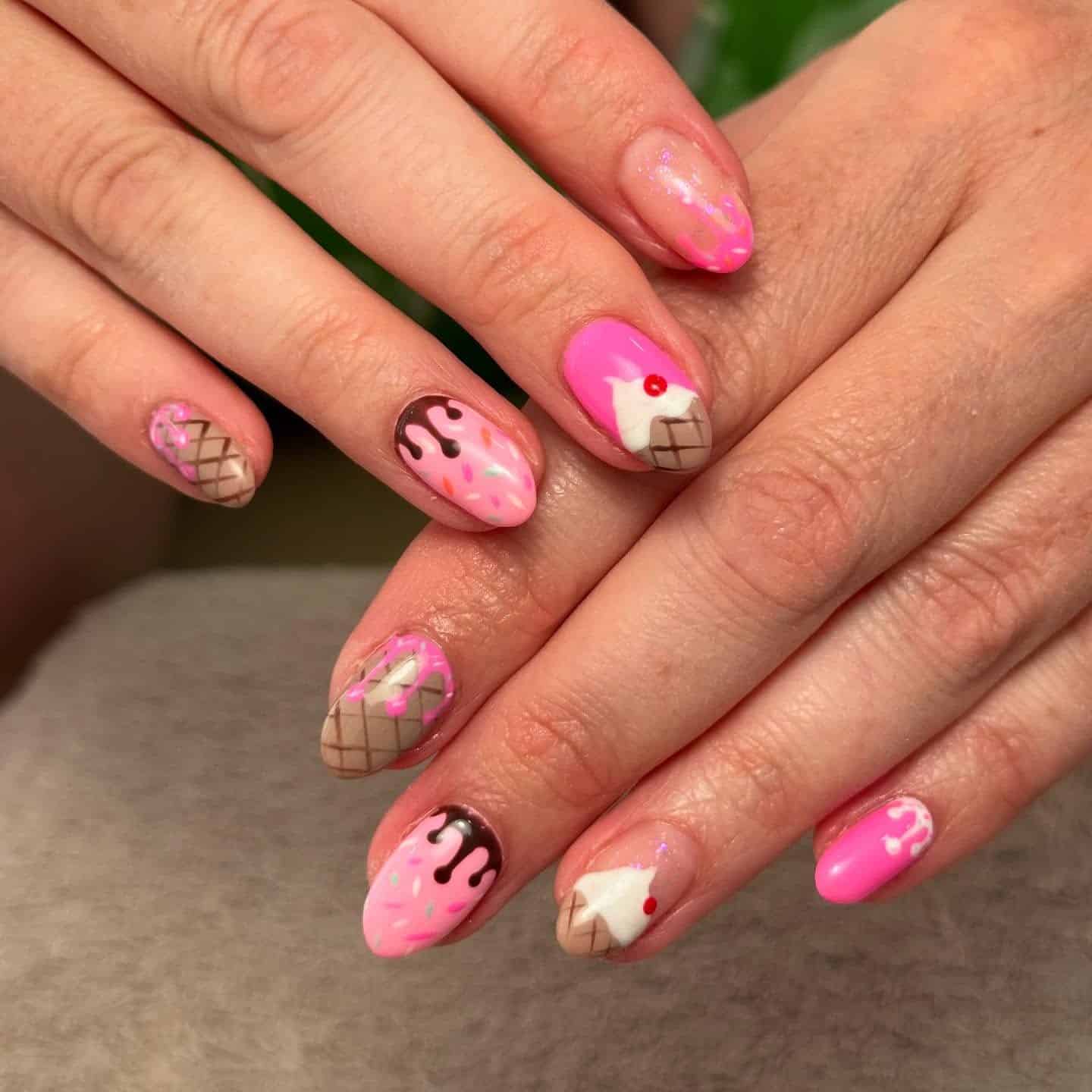 4. Cherry Sundae & Chocolate Drip Oval Nails - ice cream nail ideas