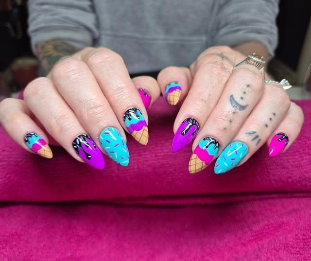 5. Bold Pop Art Ice Cream Stiletto Nails - ice cream nail ideas