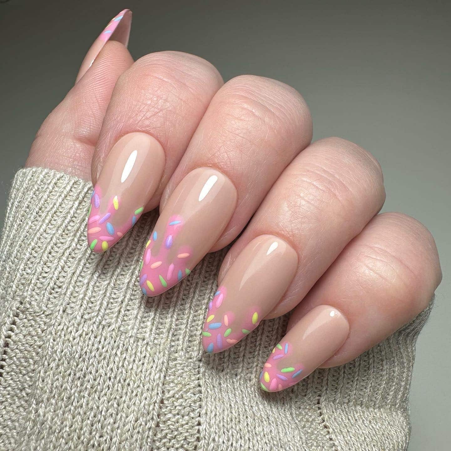 6. Nude Sprinkle Fade Almond Nails - ice cream nail ideas