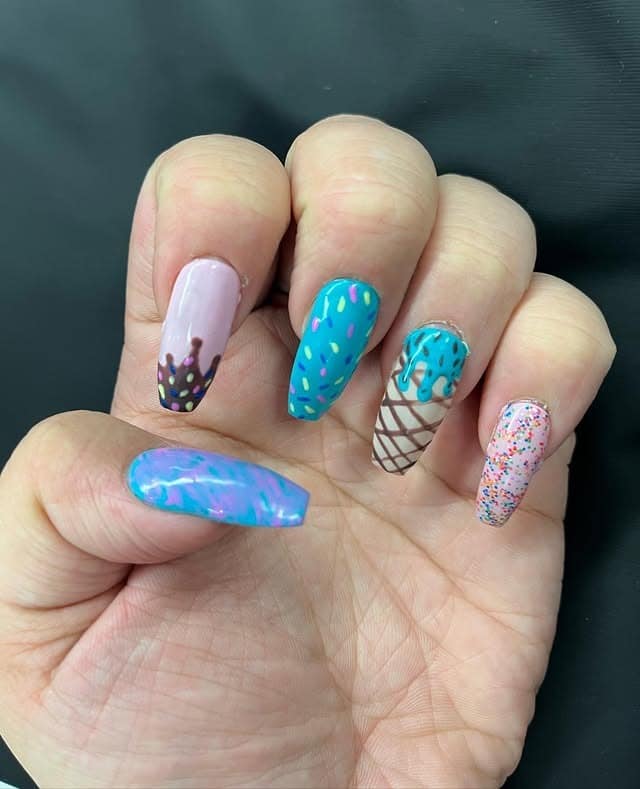 9. Teal & Neon Coral Ice Cream Coffin Nails - ice cream nail ideas