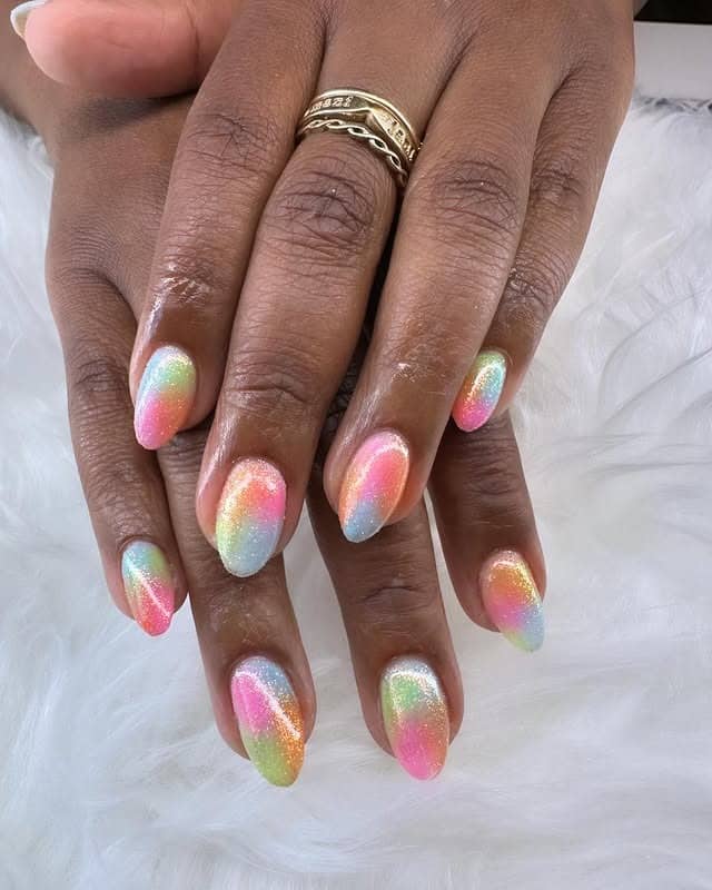 11. Rainbow Sherbet Glitter Almond Nails - ice cream nail ideas