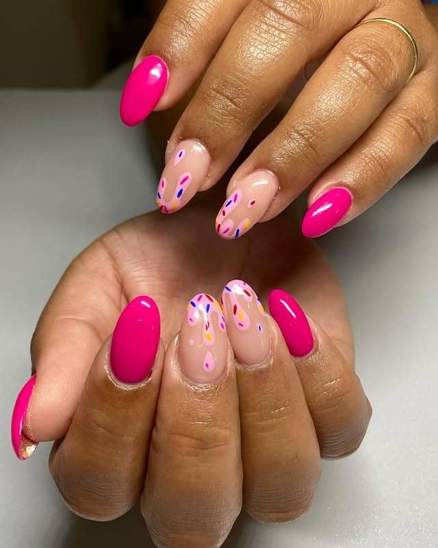 12. Neon Pink & Sprinkle Accent Oval Nails - ice cream nail ideas