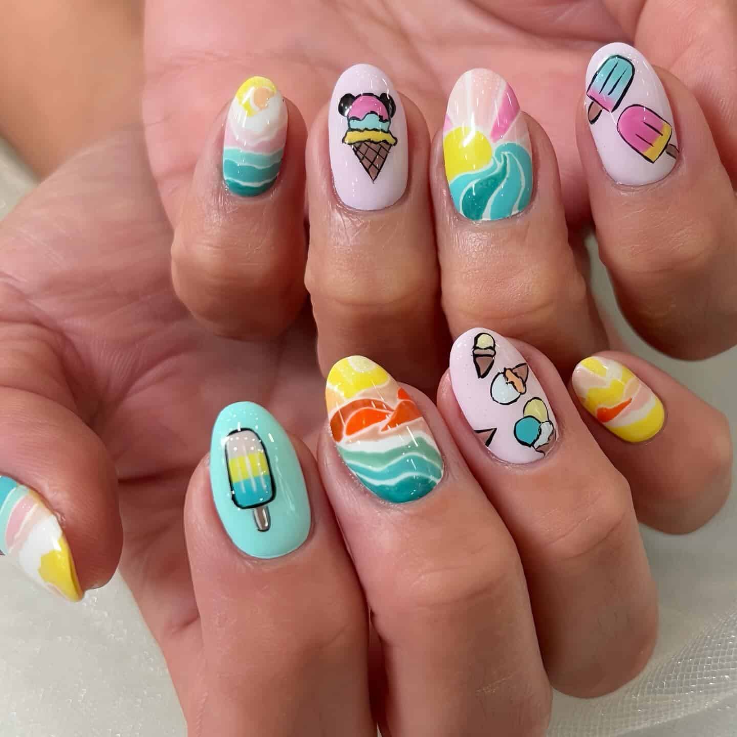 14. Pastel Ice Cream Illustration Short Oval Nails - ice cream nail ideas