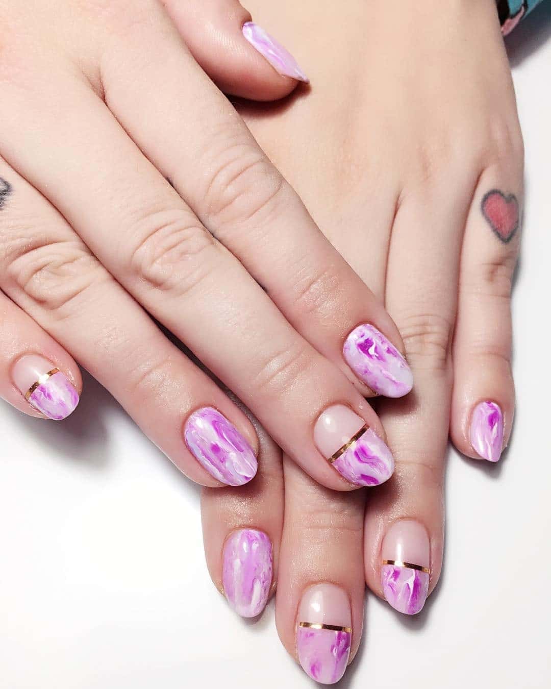 16. Pink Marble & Gold Foil Oval Nails - ice cream nail ideas